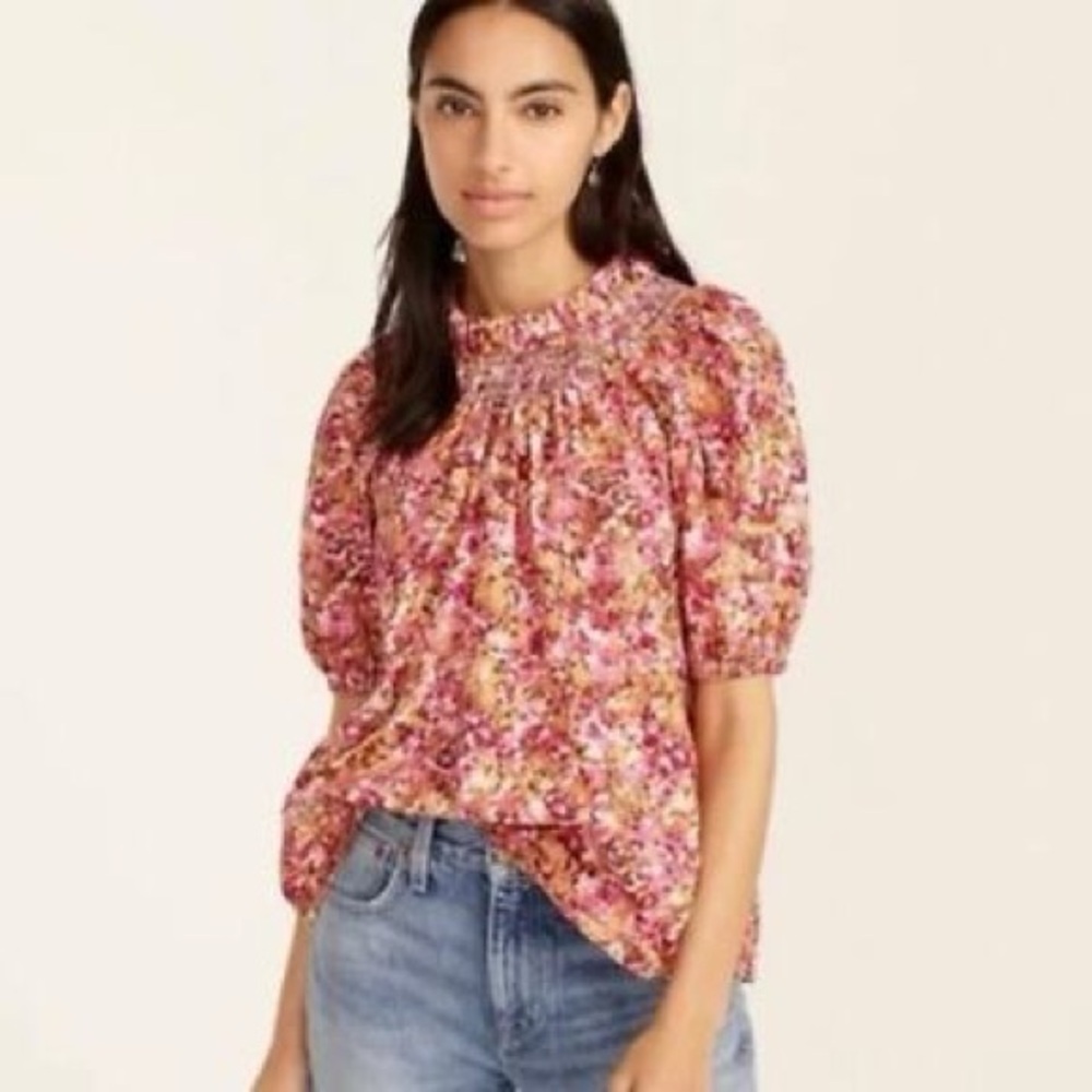 J. Crew Pink Floral Smocked-Neck Puff-Sleeve Blouse